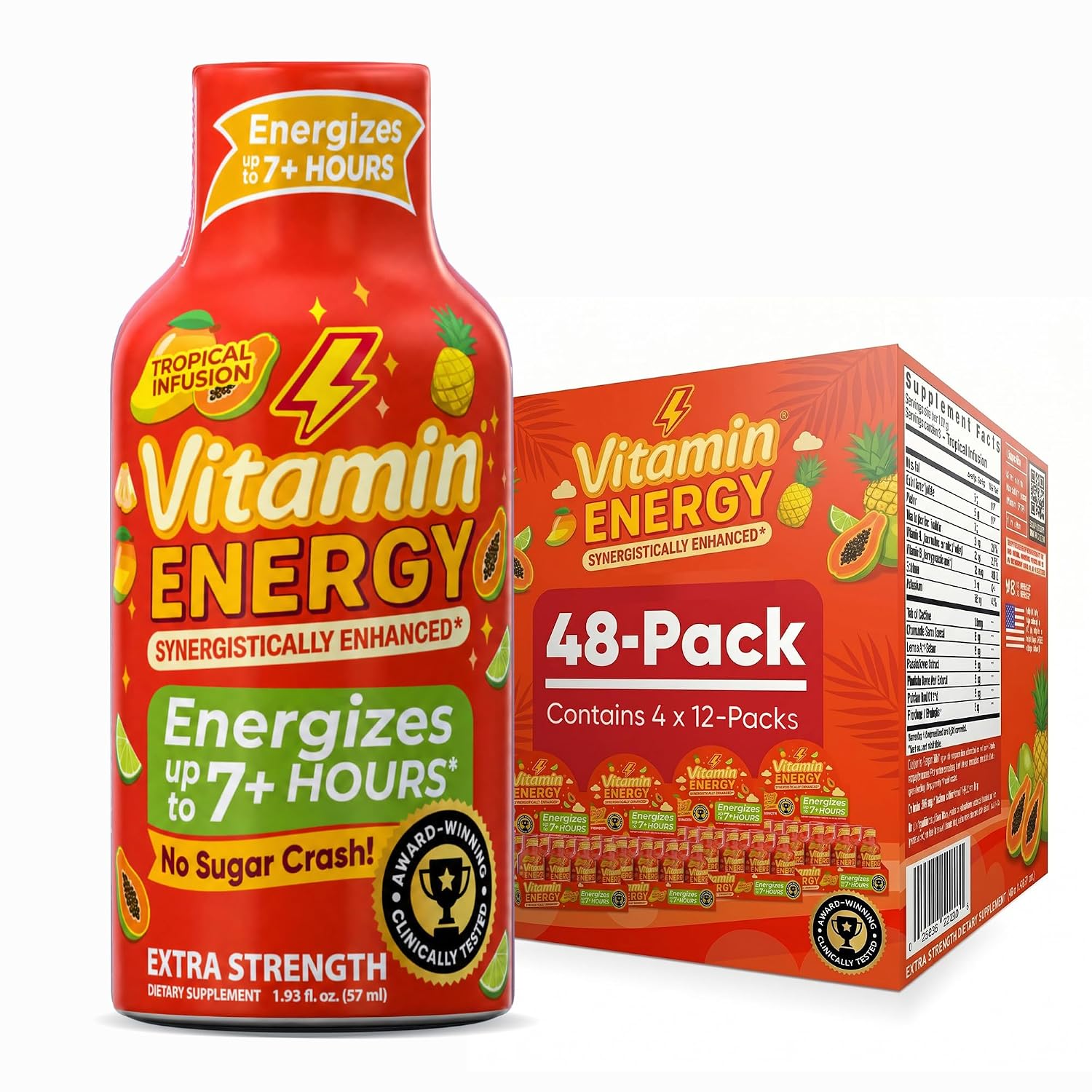 Vitamin Energy Tropical Infusion Extra Strength Energy Shot, 12 Pack - Up to 7 Hrs, 260mg Natural Caffeine, Zero Sugar - BCAAs + CoQ10, Focus Support, B12 B6 Niacin, 1.93 fl oz, Keto Vegan