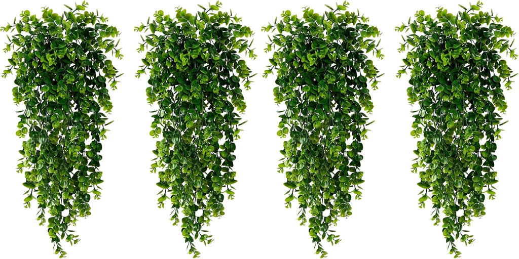 Sggvecsy 4 Pack Artificial Hanging Plants Fake Hanging Plant Faux Hanging Eucalyptus Plants UV Resistant Plastic Plants for Indoor Outdoor Room Wall Wedding Patio Porch Decor
