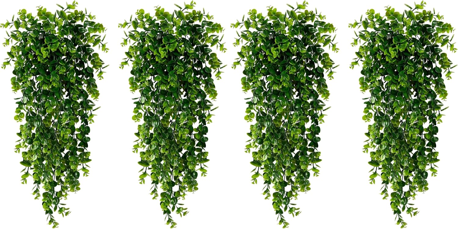 Sggvecsy 4 Pack Artificial Hanging Plants Fake Hanging Plant Faux Hanging Eucalyptus Plants UV Resistant Plastic Plants for Indoor Outdoor Room Wall Wedding Patio Porch Decor