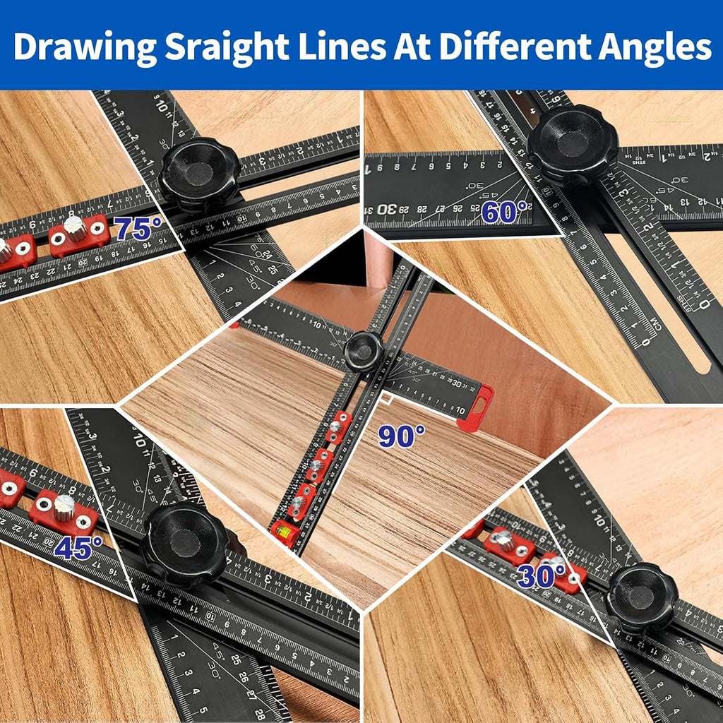 4-in-1 Drilling Positioning Ruler, Multi-Function T-Square，Adjustable 14 inches/35 cm, Woodworking Marking Tool, Cabinet Hole Drilling Template for Precise Drilling Angle Measurement and Marking