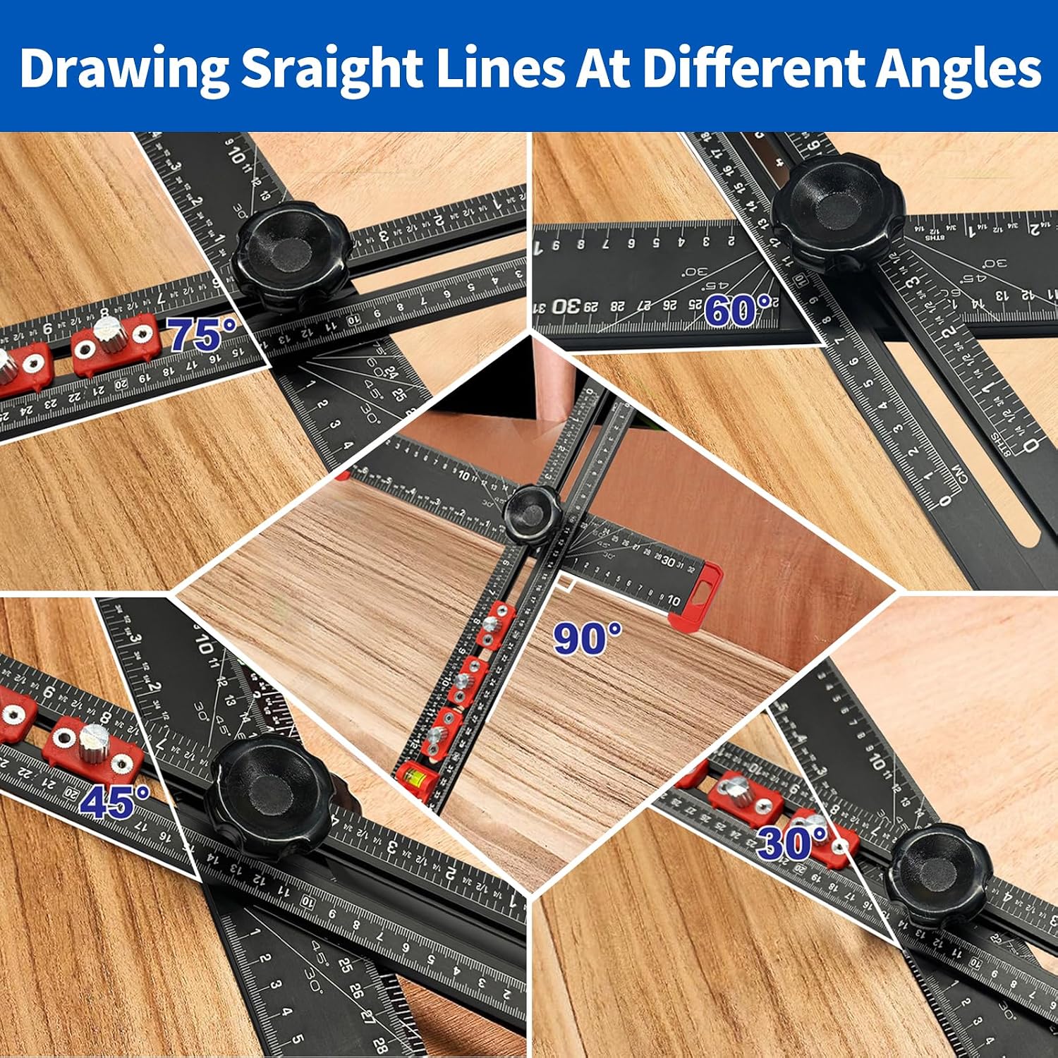 4-in-1 Drilling Positioning Ruler, Multi-Function T-Square，Adjustable 14 inches/35 cm, Woodworking Marking Tool, Cabinet Hole Drilling Template for Precise Drilling Angle Measurement and Marking