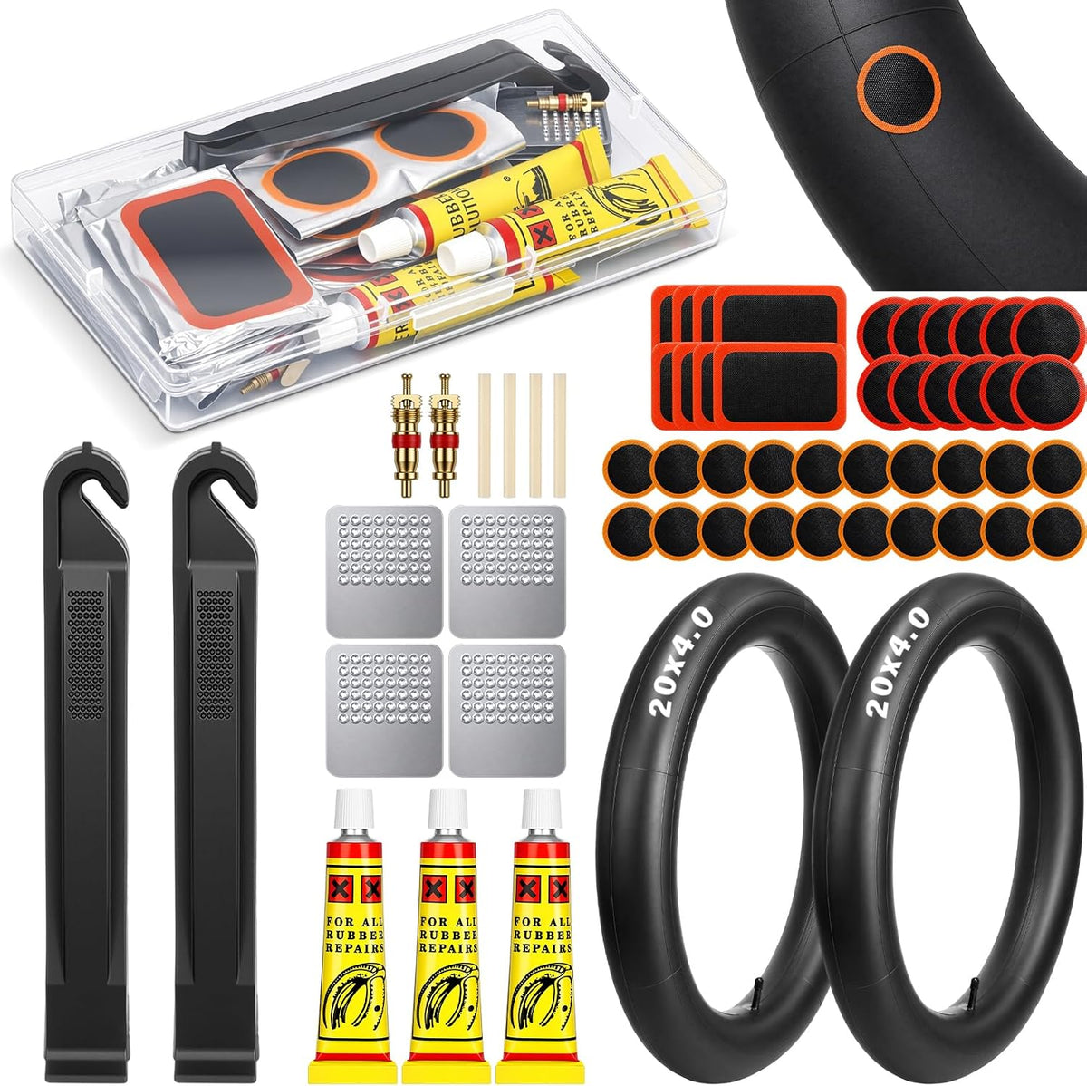 BBTO 57 Pcs Bike Tire Repair Kit Includes 20 x 4.0 Inches Heavy Duty Fat E-Bike Tubes Inner Tube with Valve Fat Tires Tubes, Patches, Tire Levers and Repair Glue, Valve Cores, Valves Stems and Rasp