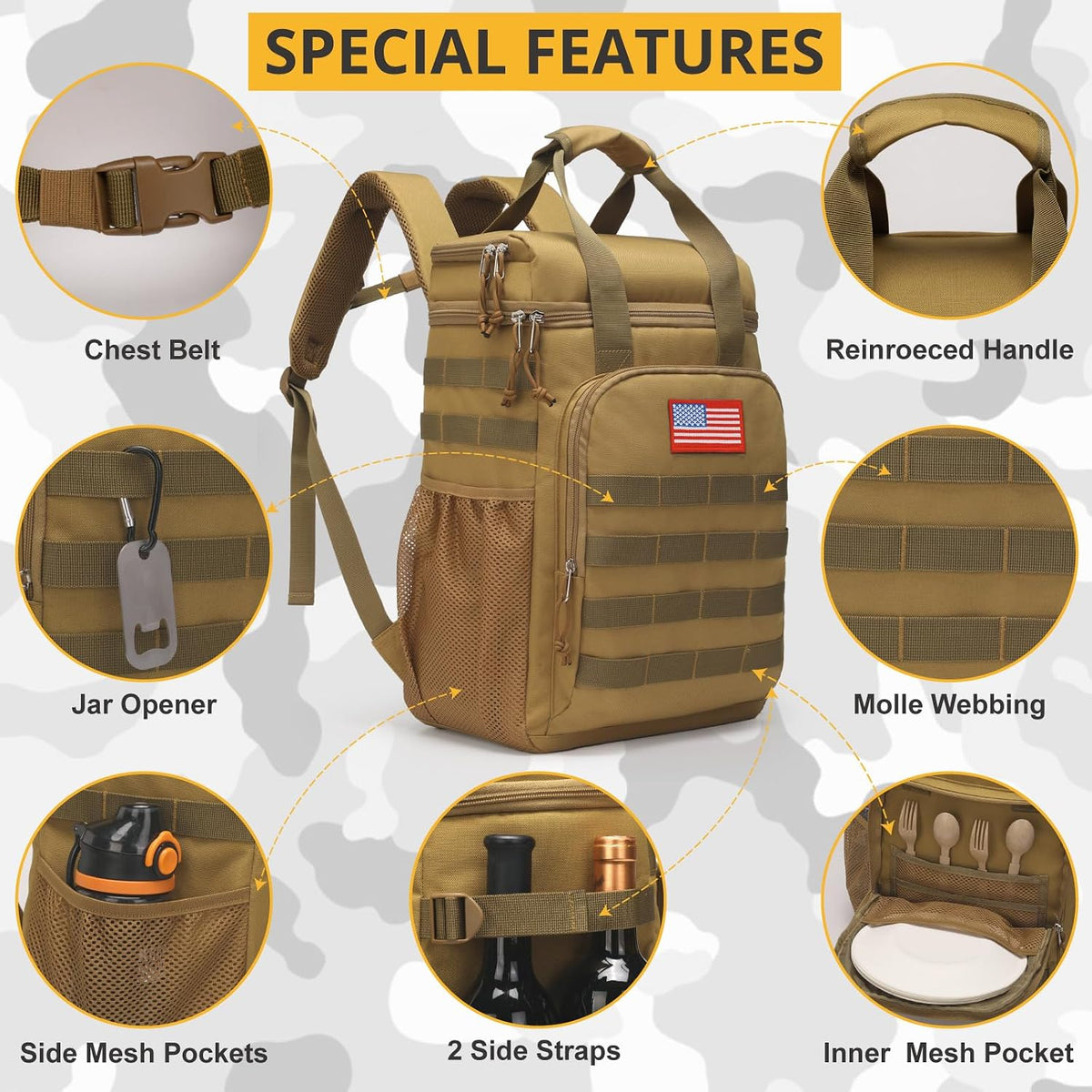 Tactical Backpack Cooler,25L Lunch Ice Chest with Handle for Men Adult Work