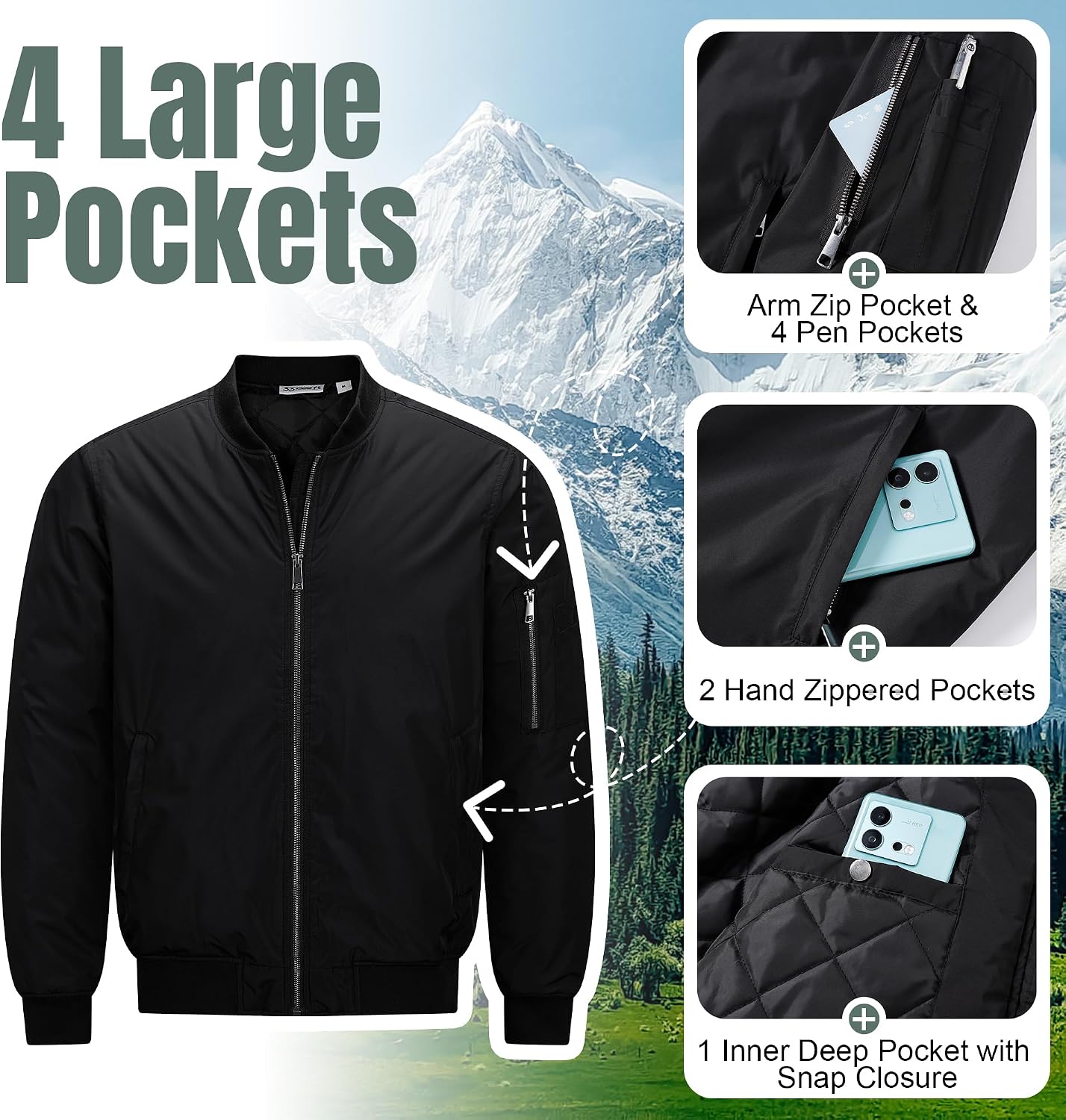 33,000ft Men's Bomber Jacket Lightweight Zip Up Waterproof Windbreaker