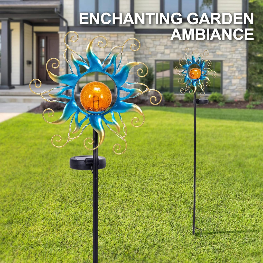 Solar Lights Outdoor Garden Decor, Blue Metal Sun Crackle Glass Globe Stake Waterproof 30LED Decorations Unique Gifts for Women,Mom,Outside, Patio,Lawn,Yard,Pathway