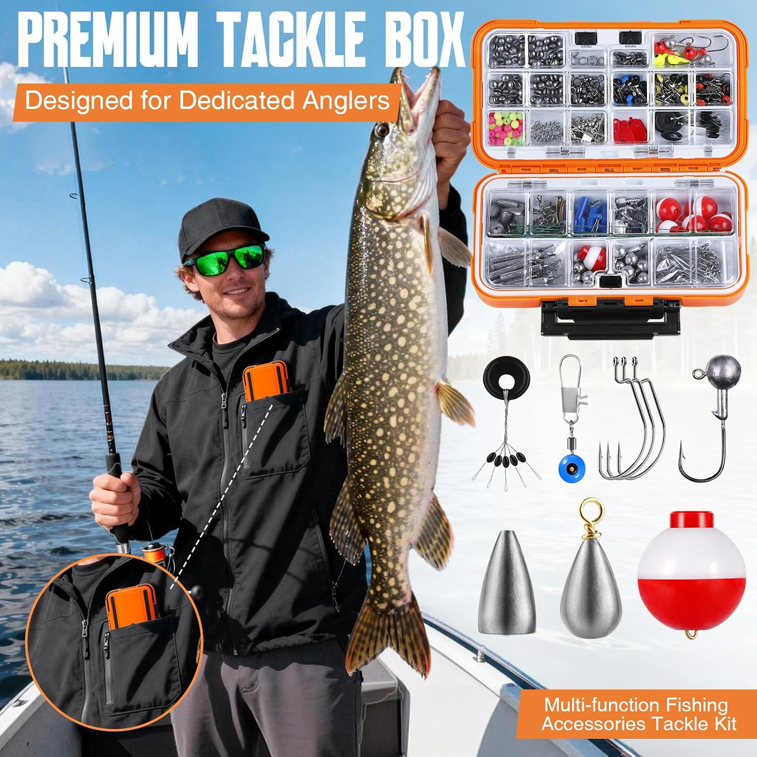 TOPFORT 187/343pcs Fishing Accessories Kit, Organized Fishing Tackle Box with Tackle Included, Fishing Hooks, Fishing Weights Sinkers, Fishing Gear and Equipment, Fishing Gift for Men