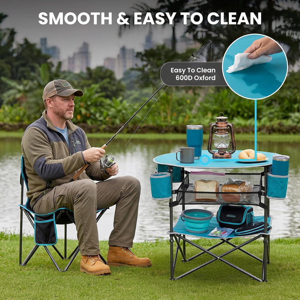 FUNDANGO Folding Beach Table, 3-Tier Removable Mesh Shelf, 4 Cup Holders