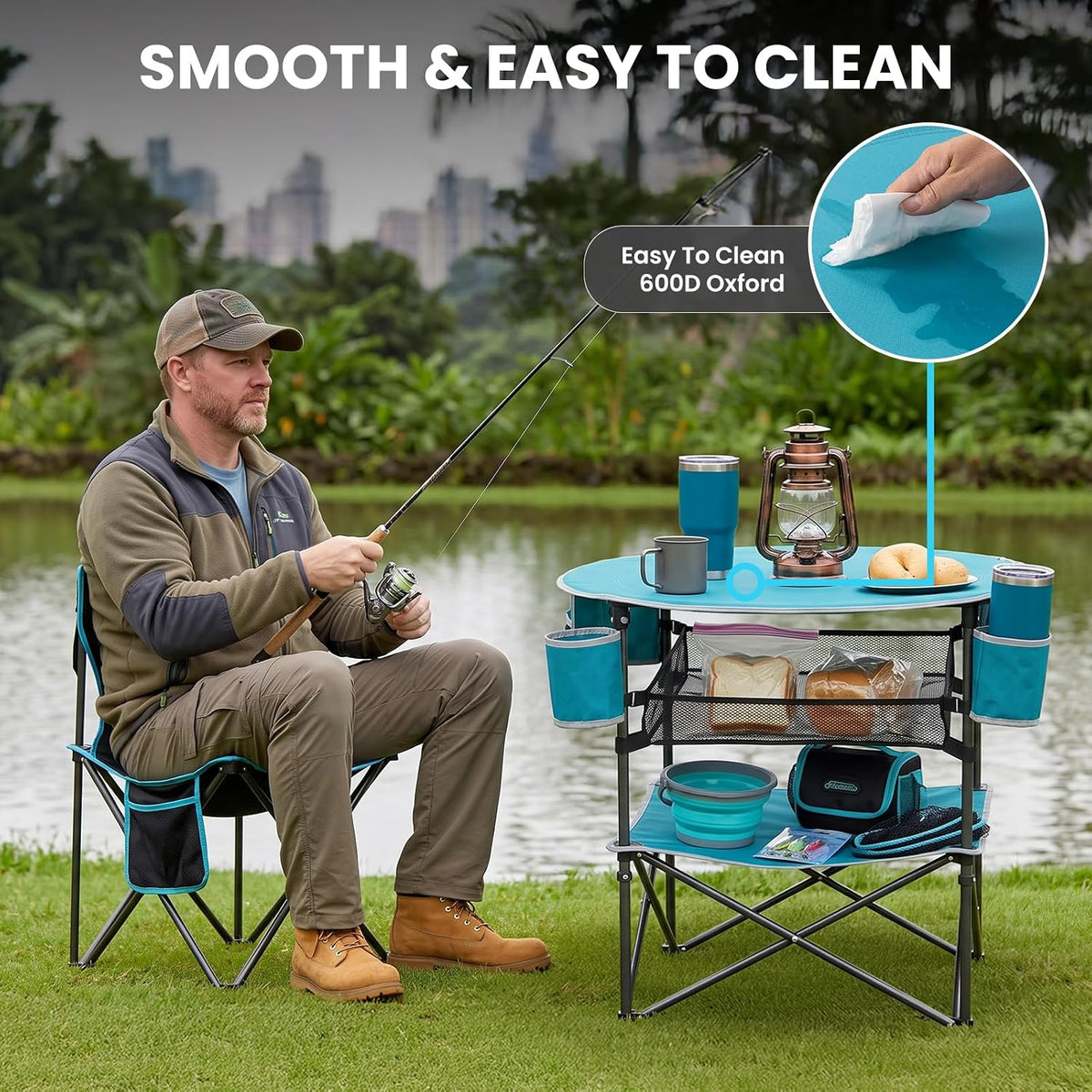FUNDANGO Folding Beach Table, 3-Tier Removable Mesh Shelf, 4 Cup Holders