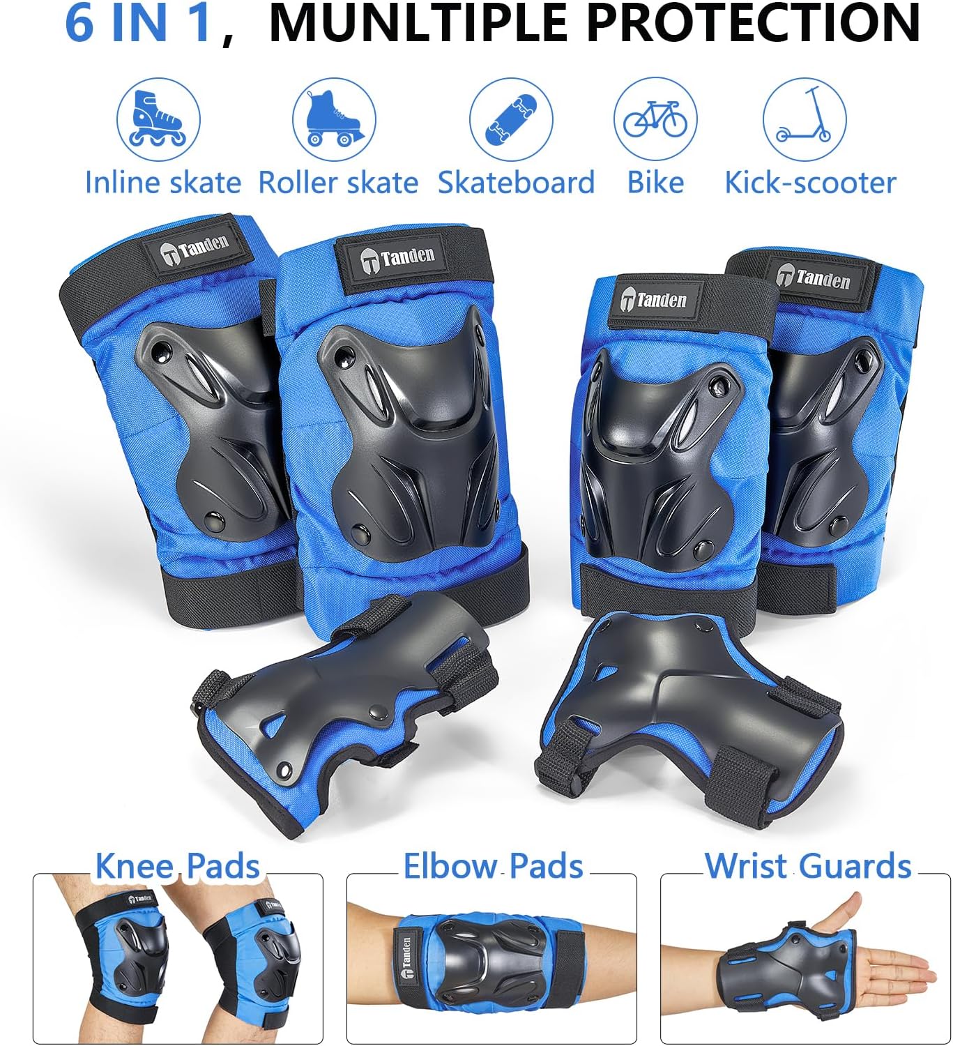 Tanden Skating Protective Gear Knee and Elbow Pads Wrist Guards for Roller Skating Skateboarding, Skate Pads Adult Knee Pads