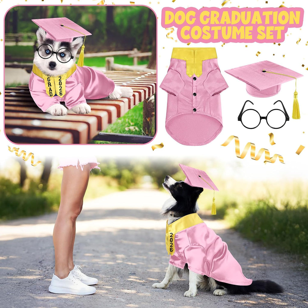 Huhumy 5 Pcs Dog Graduation Costume Set Include 2026 Pet Graduation Gown with Stole Puppy Grad Cap Lensless Glasses DIY Letter Stickers for Dogs Cats Holiday Costume Accessory(Pink Yellow,S)