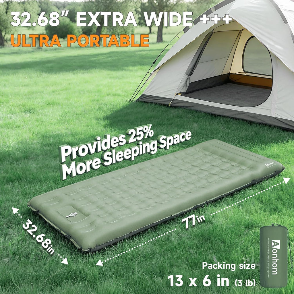 Camping Sleeping Pad, 32.7" Extra Wide, Built-in Foot Pump & Pillow