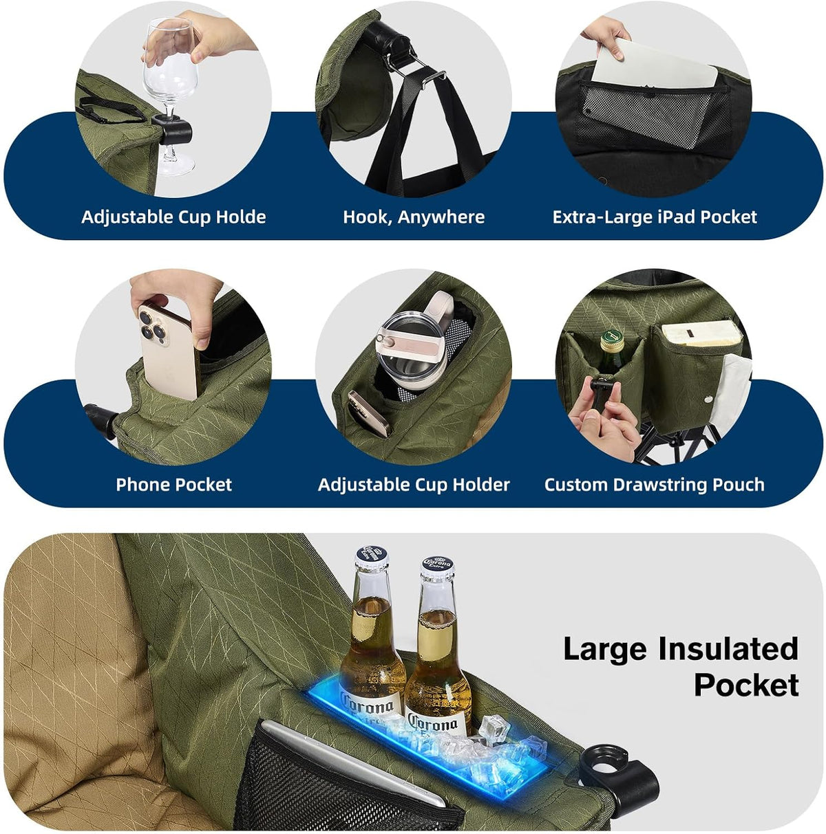 Heated Oversized Camping Chair, Heavy Duty Padded, Thick Headrest, Green