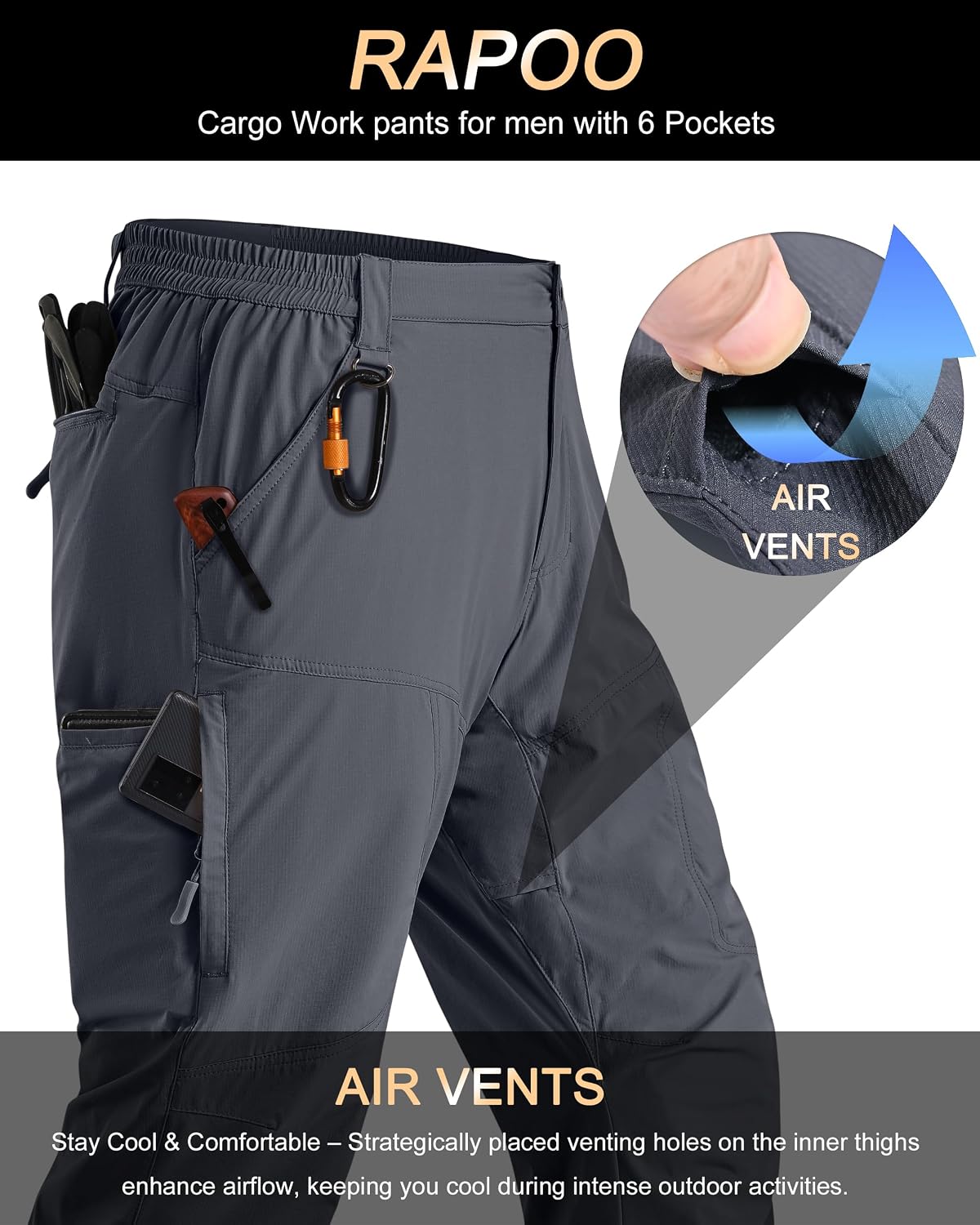 Rapoo Mens Hiking Pants Lightweight Water Resistant Breathable Nylon Cargo Pants with 6 Pockets
