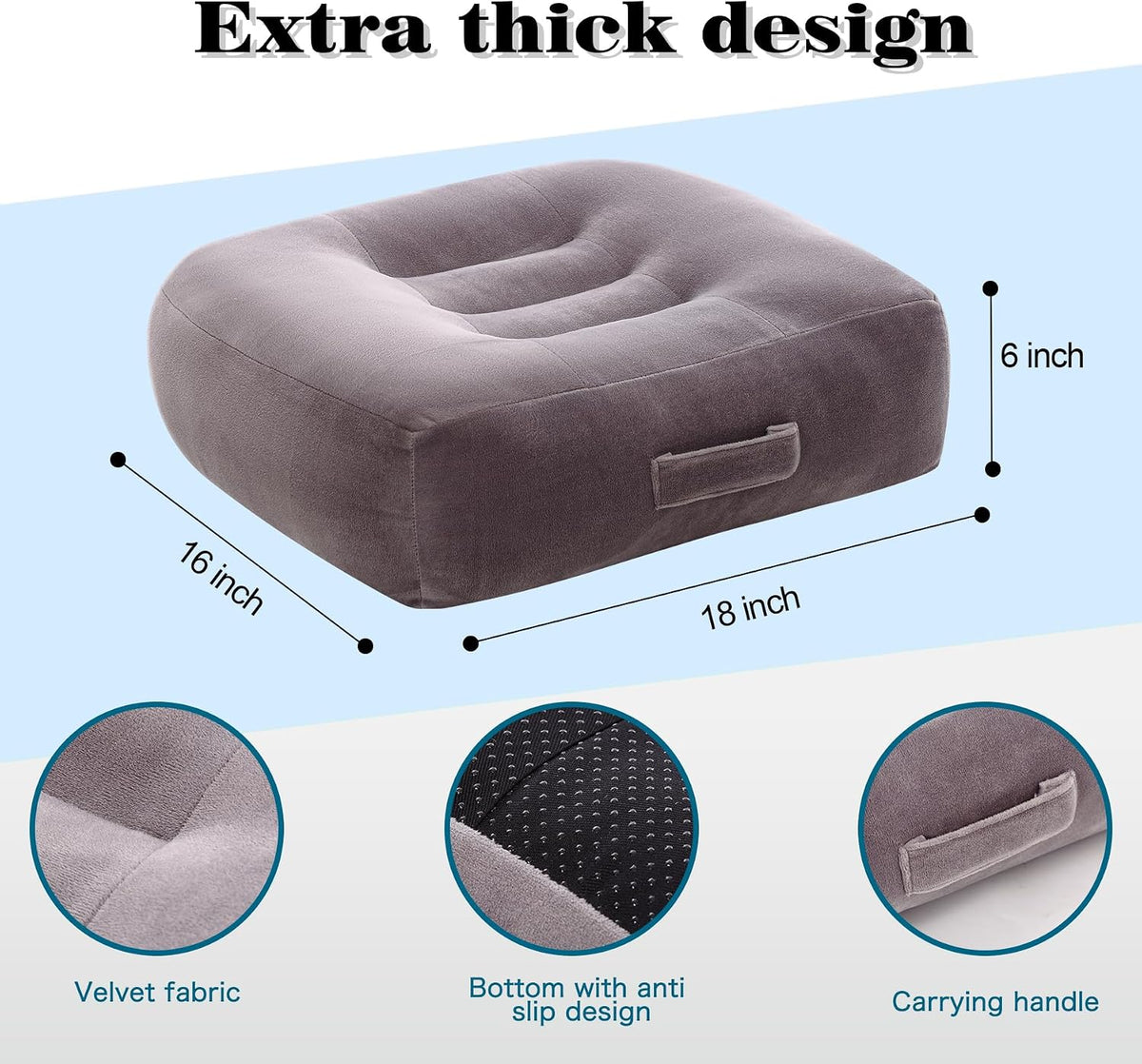 Extra Large Seat Cushion, Thick Chair Cushion Booster for Office Chair, to Rise Height, Velvet Cover with Handle and Anti-Slip Bottom, PP Cotton Filling, Coccyx Pain Relief (Grey, X Large)