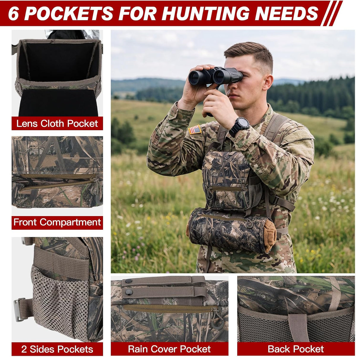 Binoculars Harness Chest Pack with Rangefinder Pouch and Hand Warmer Pockets, Adjustable Shoulder Strap, Ideal for Hunting, Hiking(Vintage,Camouflage)