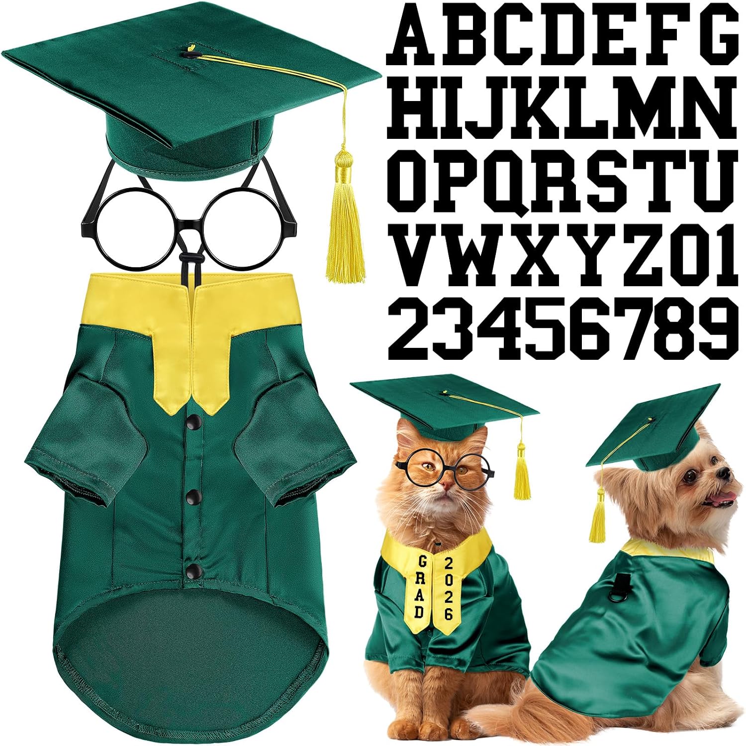 Huhumy 5 Pcs Dog Graduation Costume Set Include 2026 Pet Graduation Gown with Stole Puppy Grad Cap Lensless Glasses DIY Letter Stickers for Dogs Cats Holiday Costume Accessory(Green Yellow,S)