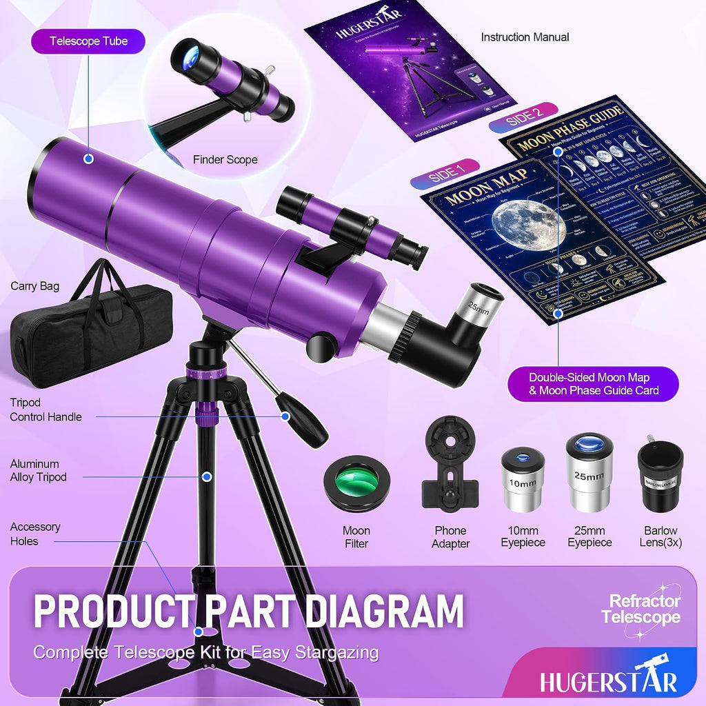 Telescope for Adults & Kids, 90mm Aperture 600mm Refractor Telescope for Astronomy Beginners, Portable Travel Telescopes with Tripod, Phone Adapter, Moon Filter, Carry Bag & Moon Phase Guide