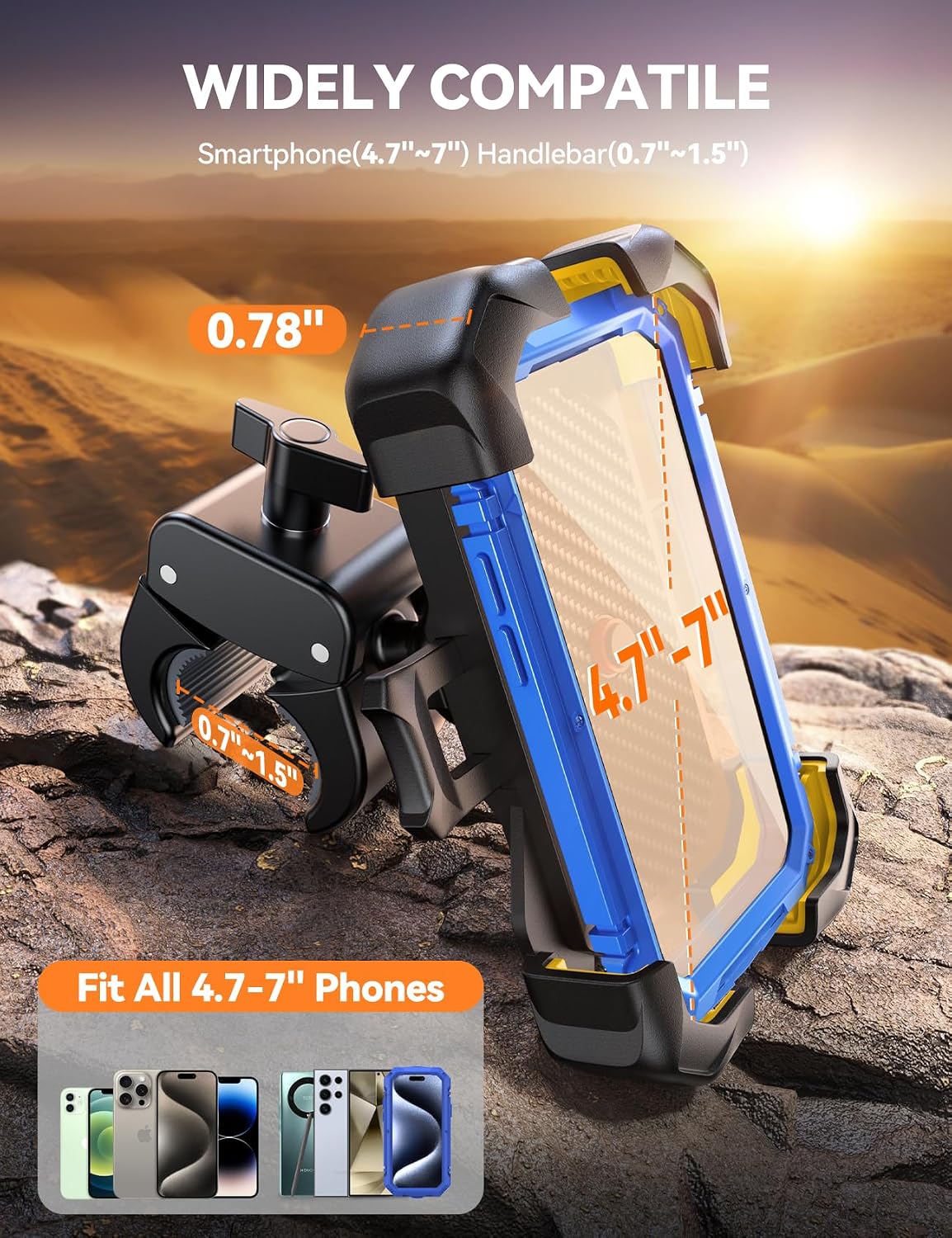 JOYROOM Motorcycle Phone Mount, [1s Auto Lock][100mph Military Anti-Shake] Bike Phone Holder for Bicycle, [10s Quick Install] Handlebar Phone Mount, Compatible with iPhone, Samsung, All Phone, Yellow