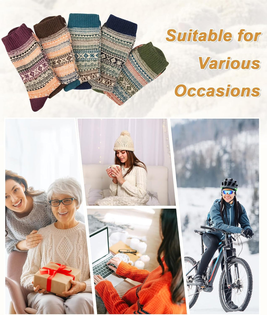 Senker Fashion Wool Socks for Women, 5 Pairs Winter Warm Crew Boot Socks