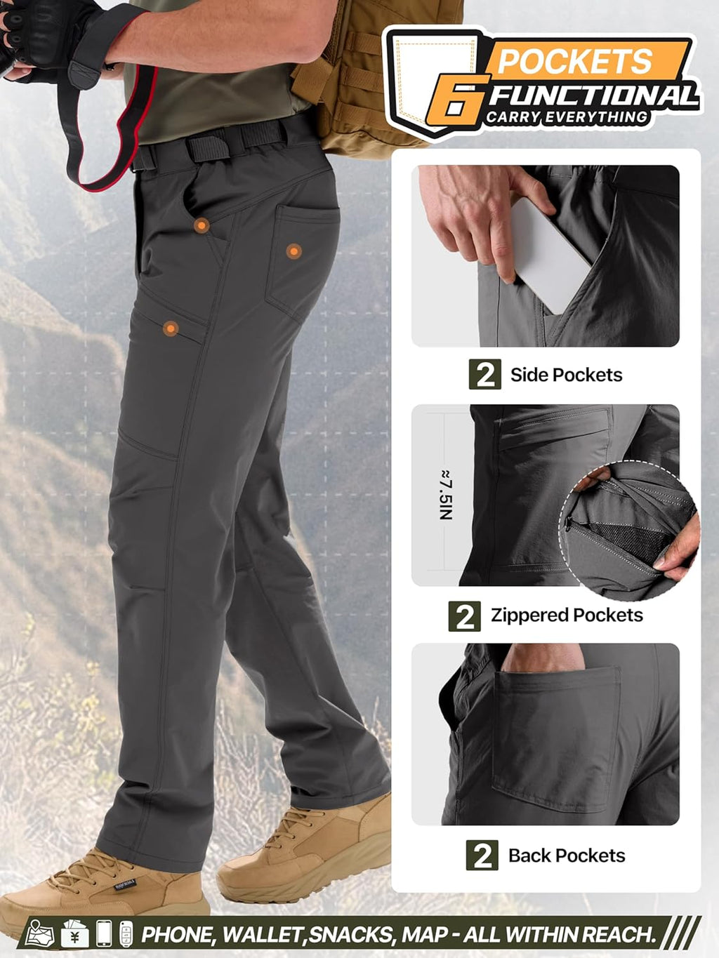 FREE SOLDIER Men's Outdoor Cargo Hiking Pants with Belt