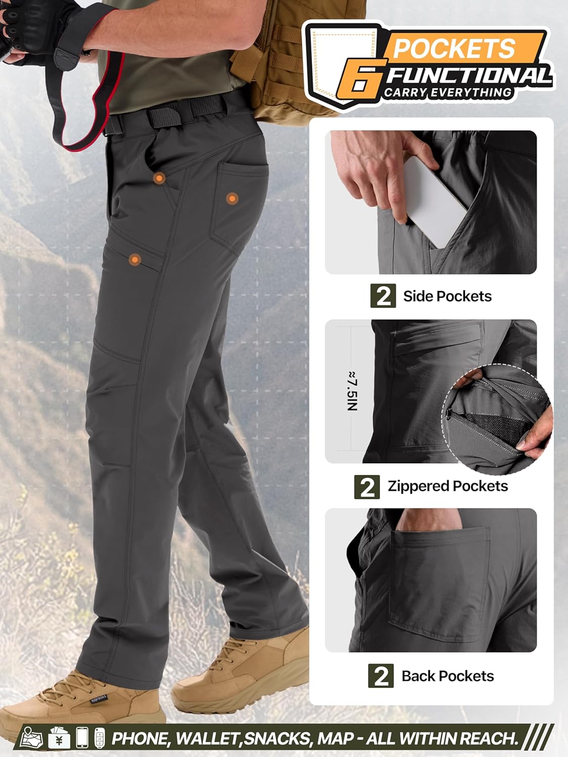 FREE SOLDIER Men's Outdoor Cargo Hiking Pants with Belt