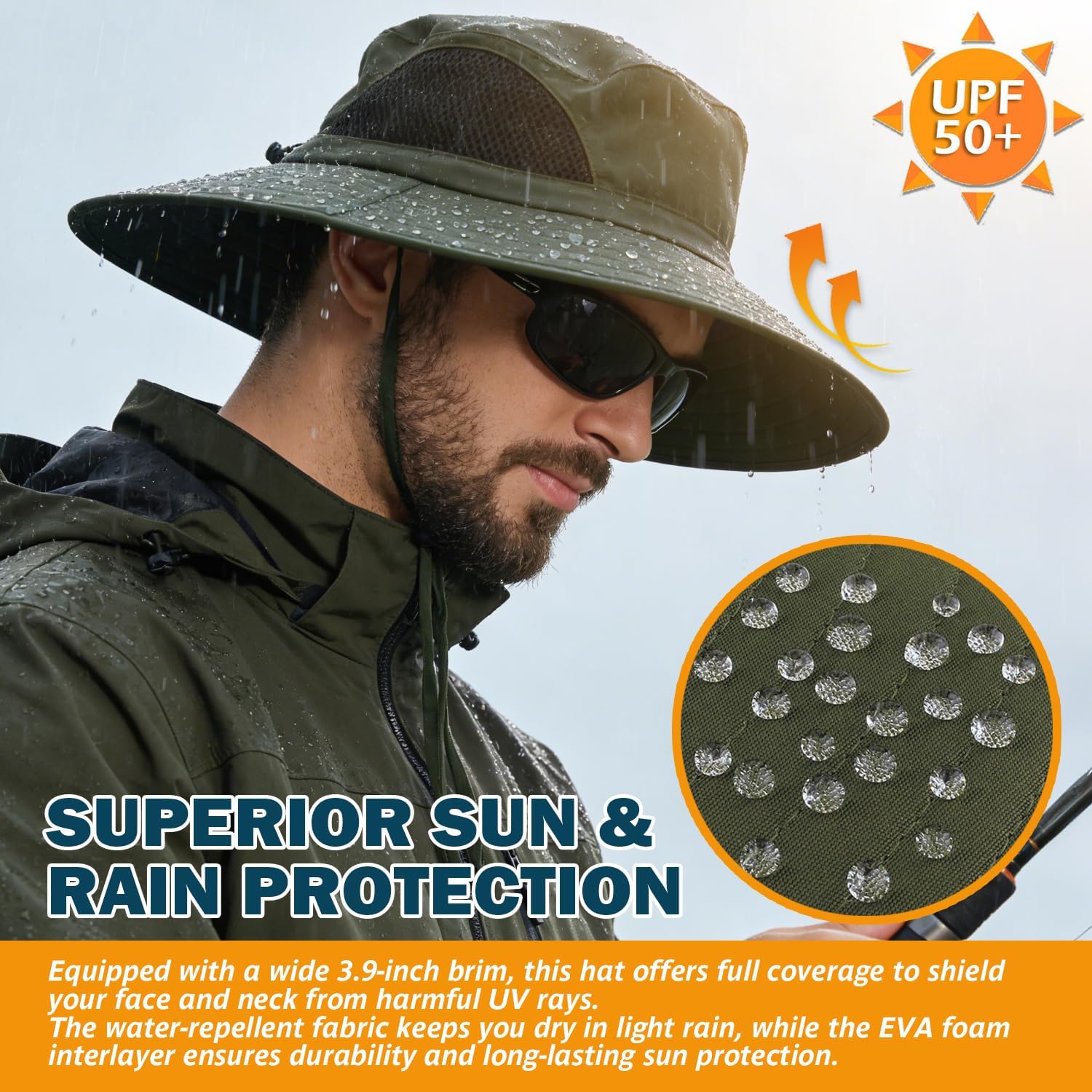 Wide Brim Sun Bucket Hat, Waterproof Boonie Hat for Men & Women
