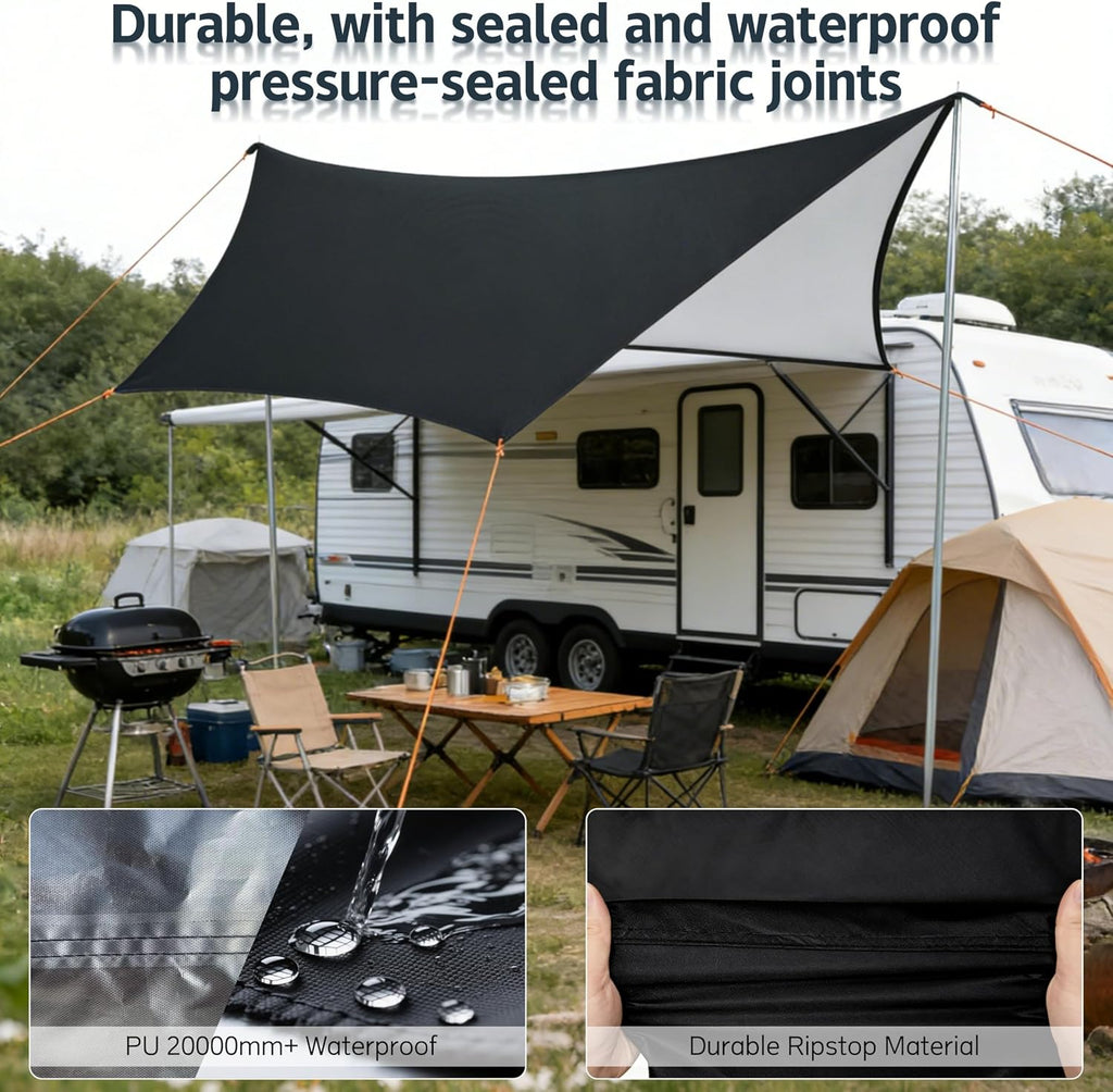 Camping Tent Tarp with Thickened Stainless Steel Bracket - PU 20000mm+ Waterproof Rain Shelter, UPF2000+ Anti-UV Camping Canopy, Portable Sun Shade for Camping, Hiking, Picnic