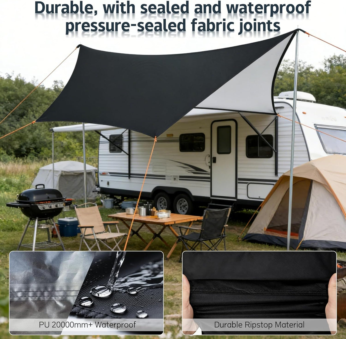 Camping Tent Tarp with Thickened Stainless Steel Bracket - PU 20000mm+ Waterproof Rain Shelter, UPF2000+ Anti-UV Camping Canopy, Portable Sun Shade for Camping, Hiking, Picnic