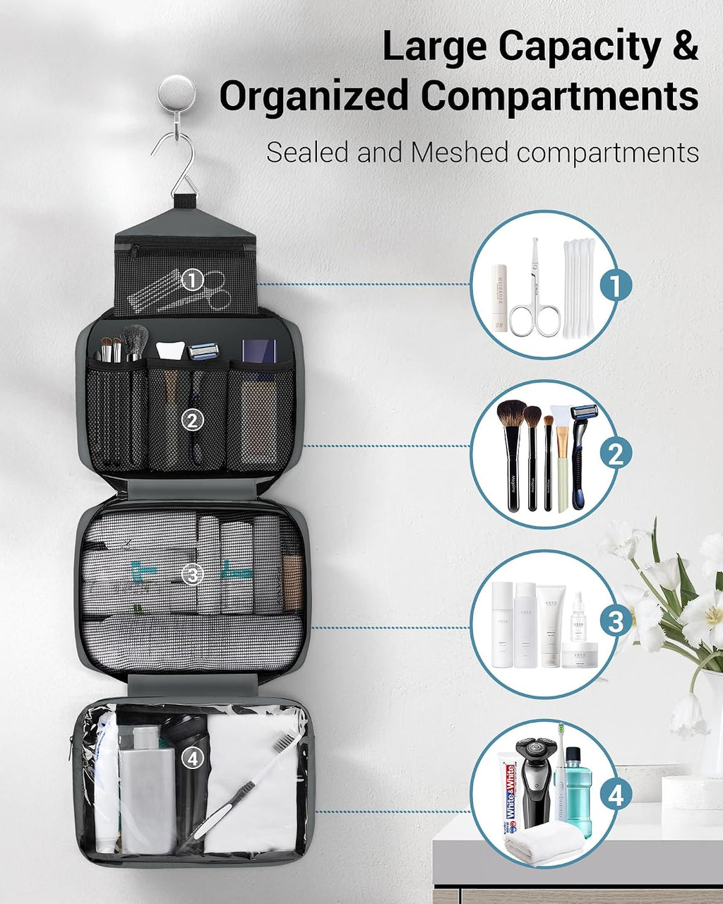 Maliton Toiletry Bag for Men & Women Travel Toiletry Bag Hanging Toiletry Bag Hygiene Organizer with 4 Compartments Waterproof Bathroom Shower Bag Large Toiletries Travel Bag (Gray)