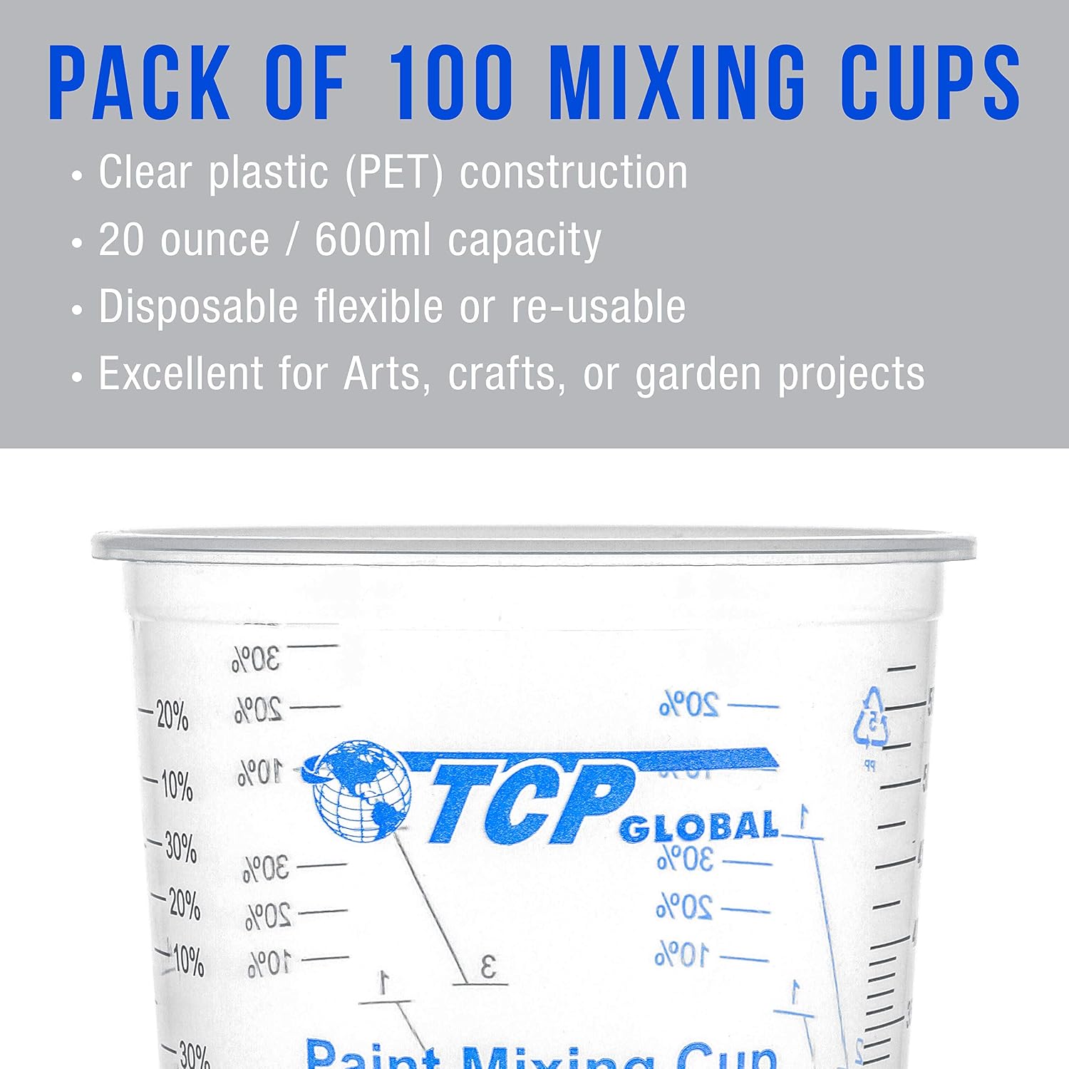 TCP Global 20 oz. (600ml) Graduated Plastic Mixing Cups - Box of 100
