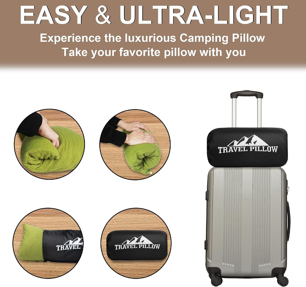 Travel Pillow Compressible Camping Memory Foam Pillow - Dark Grey M Size, Avocado Green S Size, Ideal Backpacking, Airplane and Car