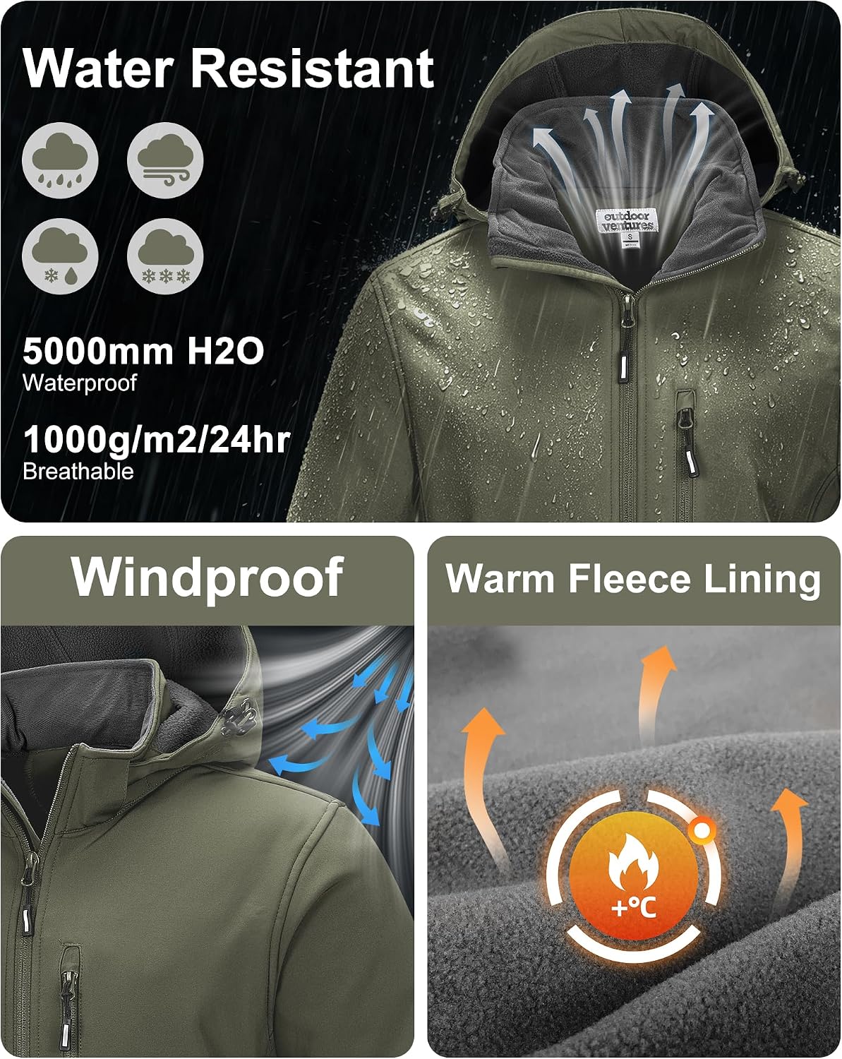 Outdoor Ventures Men's Softshell Jacket Waterproof Fleece Rain Shell Coat