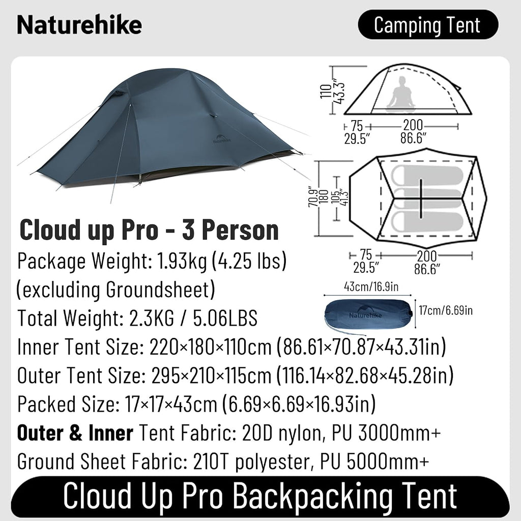 Naturehike Cloud up Pro Backpacking Tent for Camping, 1/2/3 Person