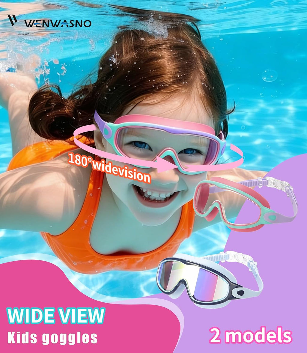 kids Swim Goggles 2 Pack Anti-UV Anti-Fog Wide View Swimming Goggles for Kids 3-14