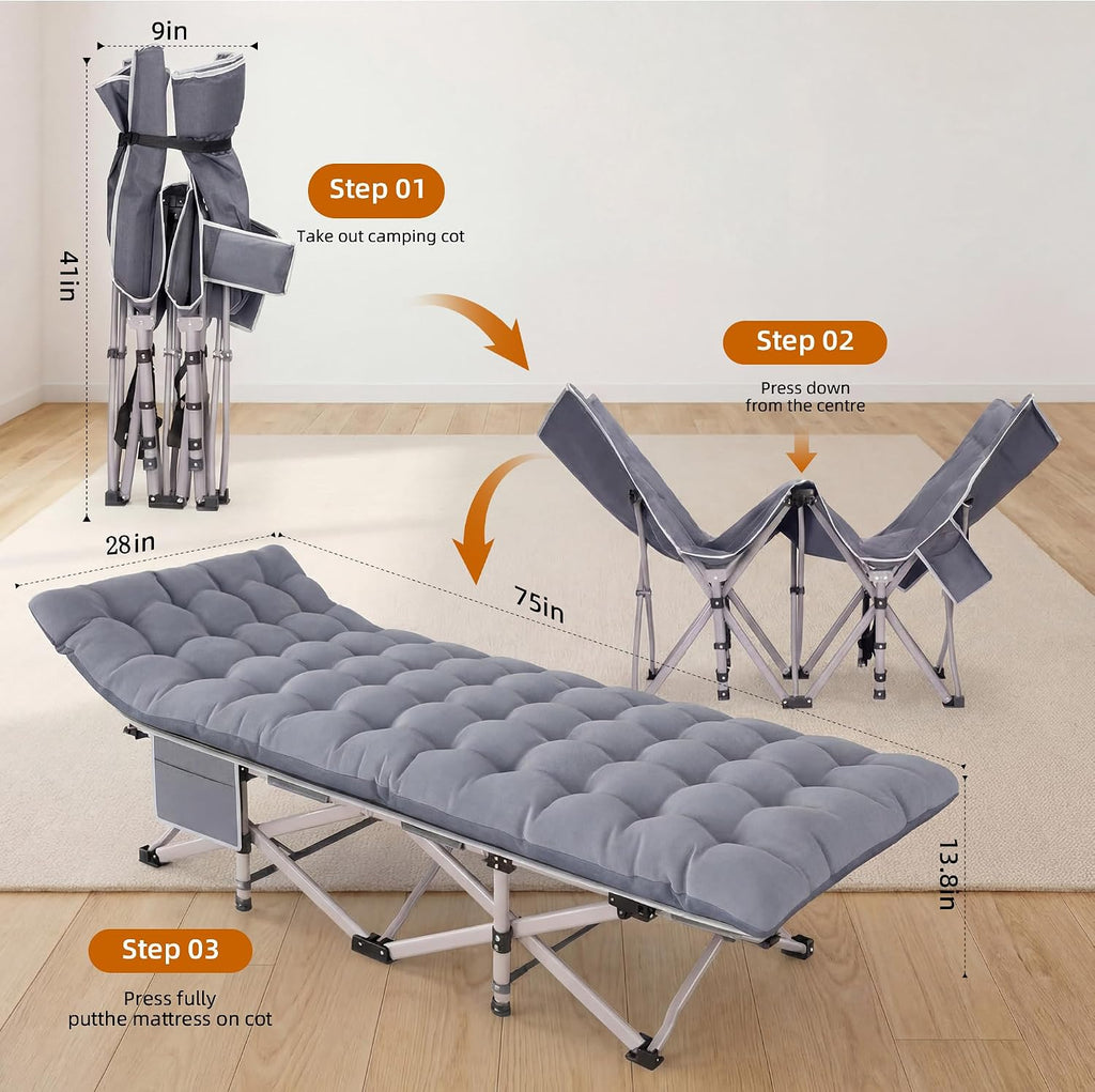 SKONYON Folding Camping Cot for Adults Heavy Duty - 800LBS Capacity Sleeping Cot with Thicker Pad, Portable Foldable Cot Double Layer Oxford Outdoor Camp Bed for Guest Use Office Nap Travel(Gray)