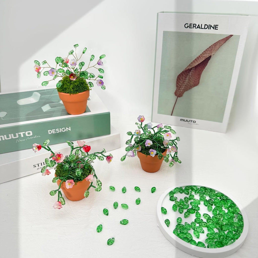 Juan's Moment Green Glass Beaded Plant Kit, Bead Craft Kit to Make Beading Flower Leaf Plants Window Suncatcher DIY Desk Decor with Pots Tools and Video Tutorial for Adults & Teens Creative Gift