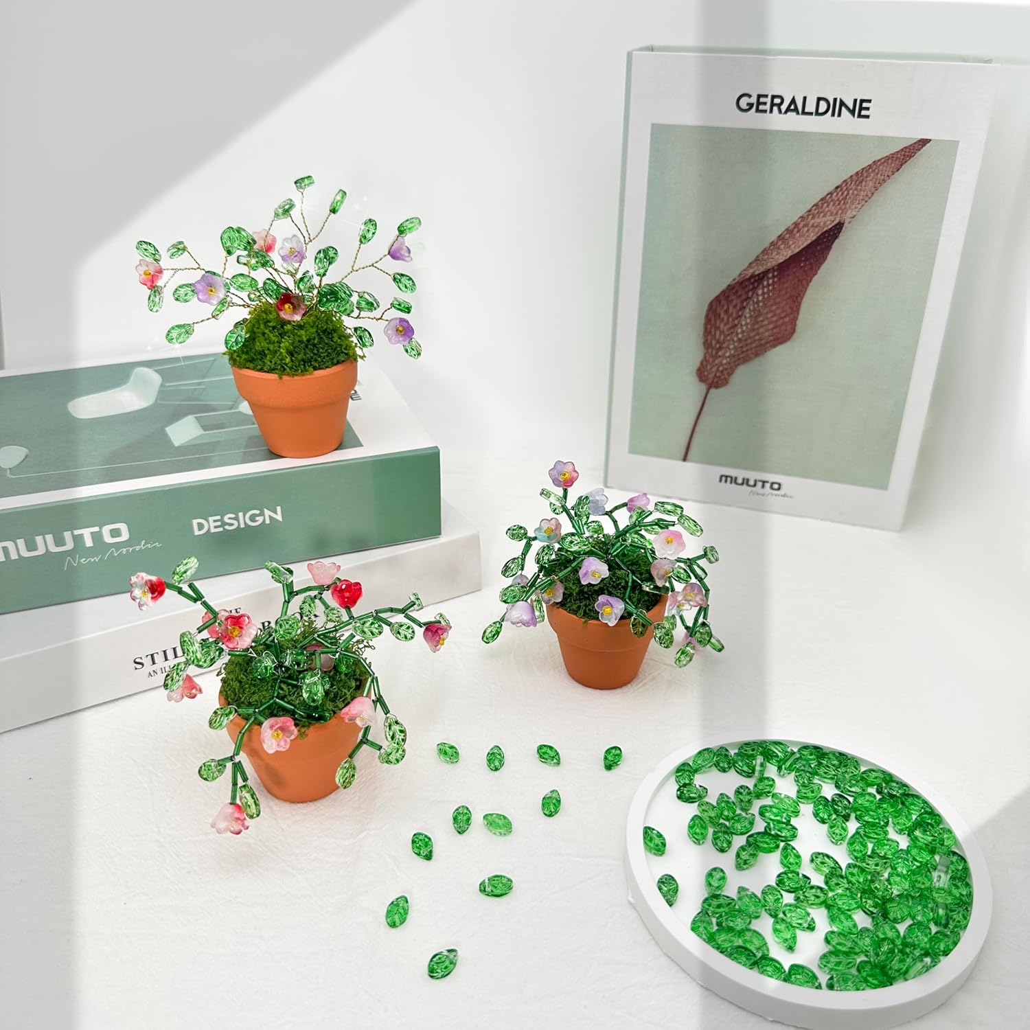 Juan's Moment Green Glass Beaded Plant Kit, Bead Craft Kit to Make Beading Flower Leaf Plants Window Suncatcher DIY Desk Decor with Pots Tools and Video Tutorial for Adults & Teens Creative Gift