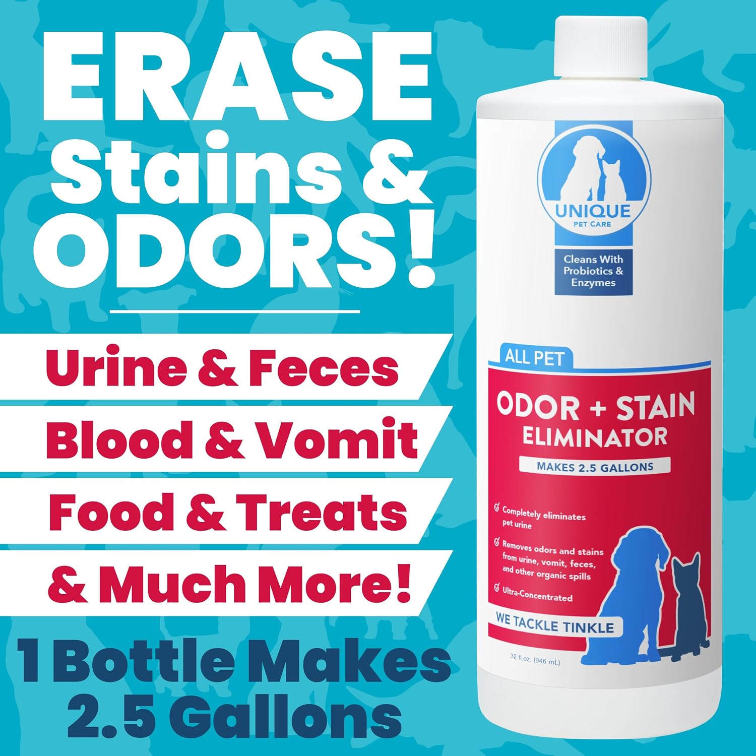 Unique Pet Odor and Stain Eliminator Liquid Concentrate - Makes Over 2.5 Gallons - Eliminates Pet Odors and Stains (32 oz)