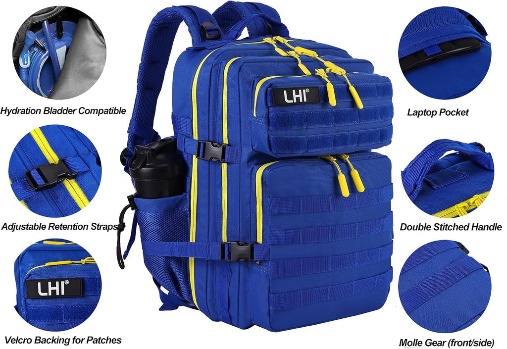 LHI Military Tactical Backpack for Men and Women 45L Army 3 Days Assault Pack Bag Large Rucksack with Molle System Blue Yellow