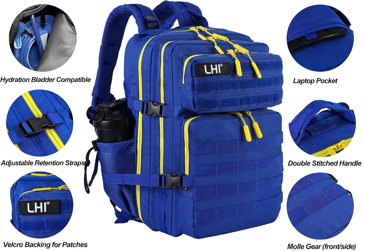 LHI Military Tactical Backpack for Men and Women 45L Army 3 Days Assault Pack Bag Large Rucksack with Molle System Blue Yellow