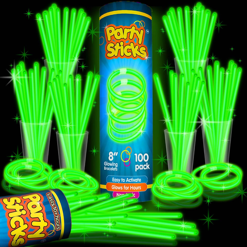PartySticks Green Glow Sticks - 100pk, 8 Inch Glow in the Dark Light Up Sticks and Connectors for Party Favors, Decorations, Necklaces and Bracelets