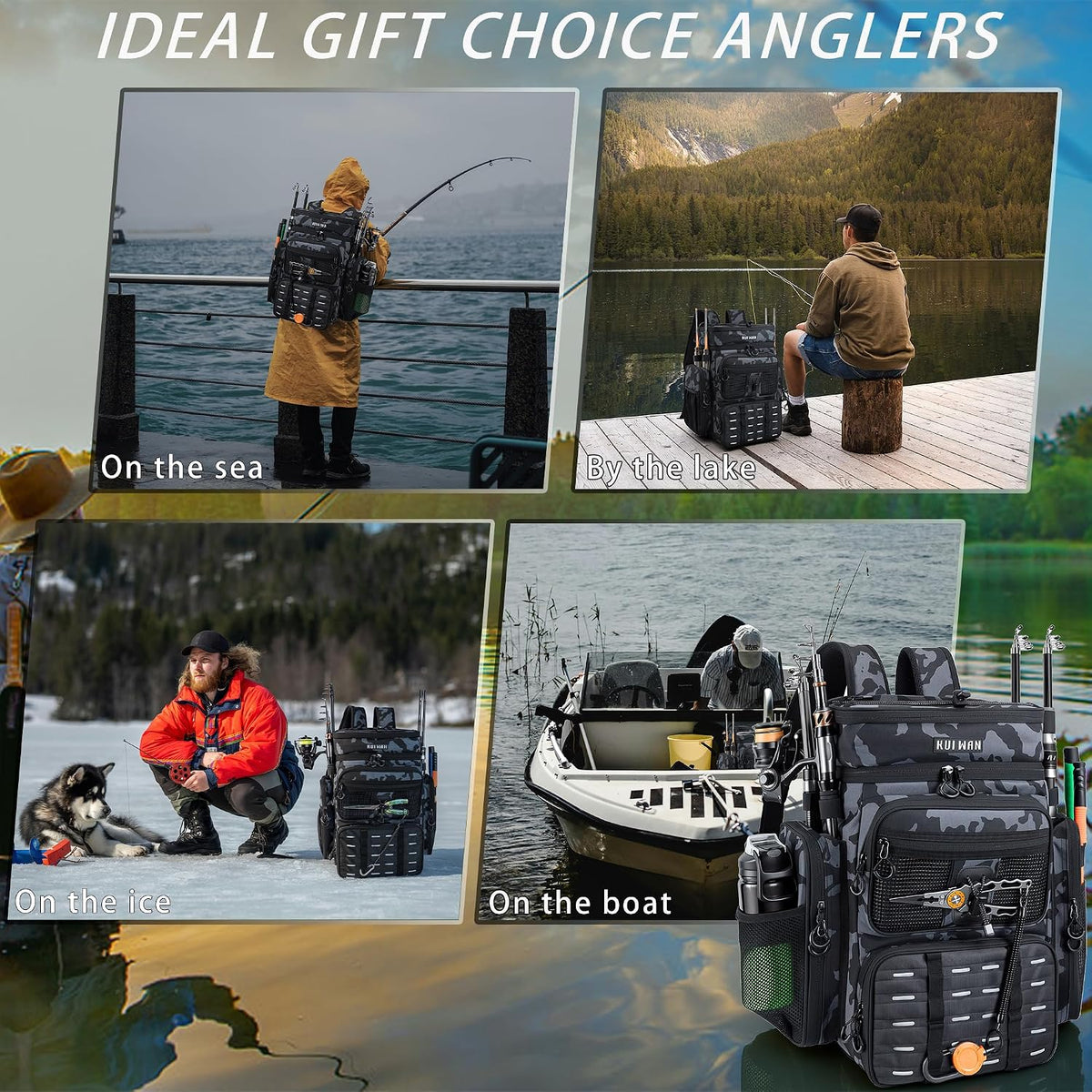 Fishing Backpack with Cooler & 4 Rod Holder, Large 45L Tackle Bag Store Fishing Gear Boxes Gifts for Men Woman-Camo Black Back Pack