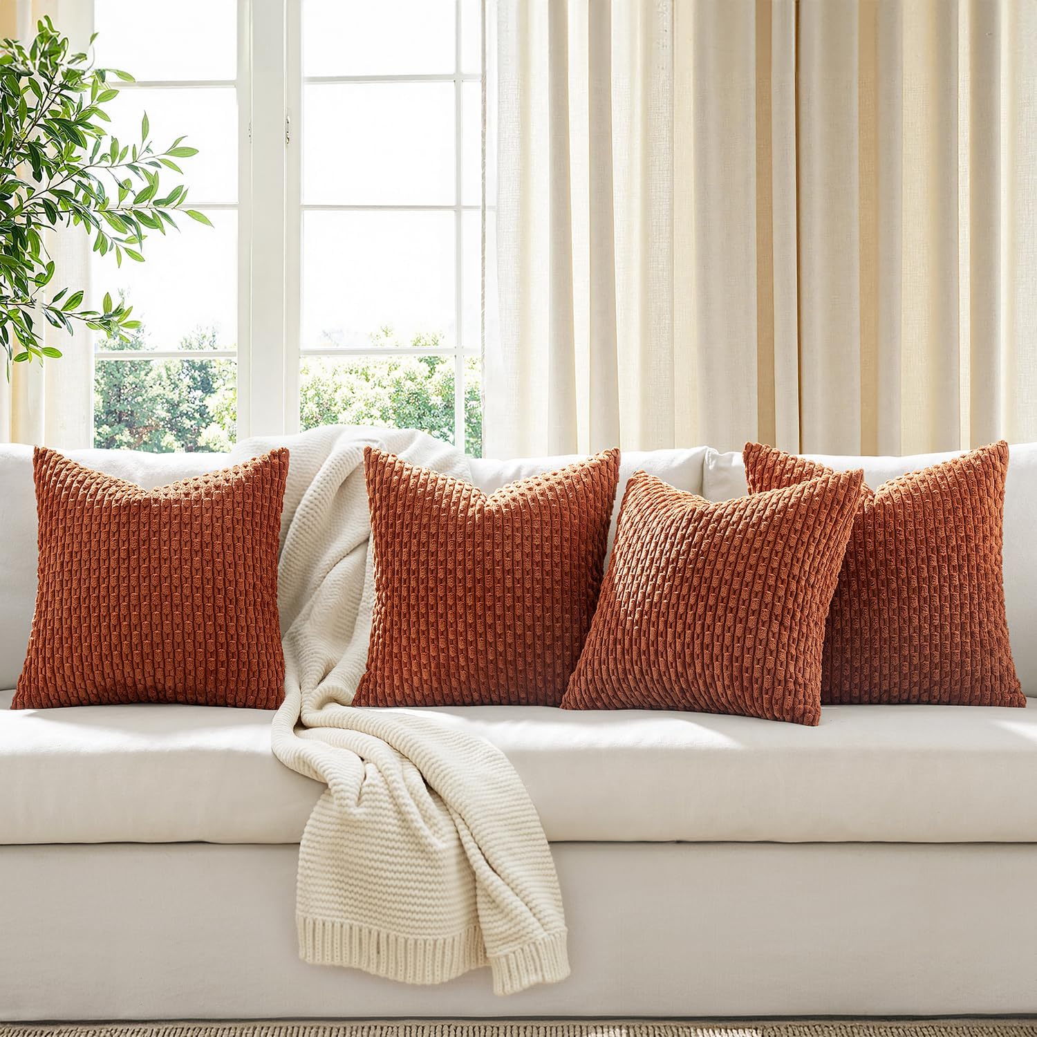 MIULEE Fall Terracotta Decorative Throw Pillow Covers for Couch Sofa Living Room Set of 4 Rustic Striped Cushion Covers Corduroy Pillowcases Farmhouse Home Decor 18x18 Inch Burnt Orange