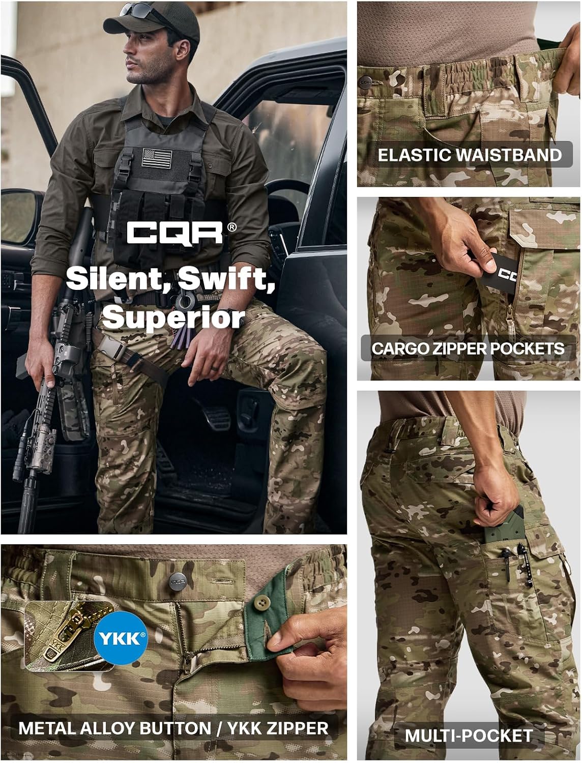 CQR Men's Flex Stretch Tactical Pants, Water Resistant Ripstop Cargo Pants, Lightweight EDC Outdoor Work Hiking Pants