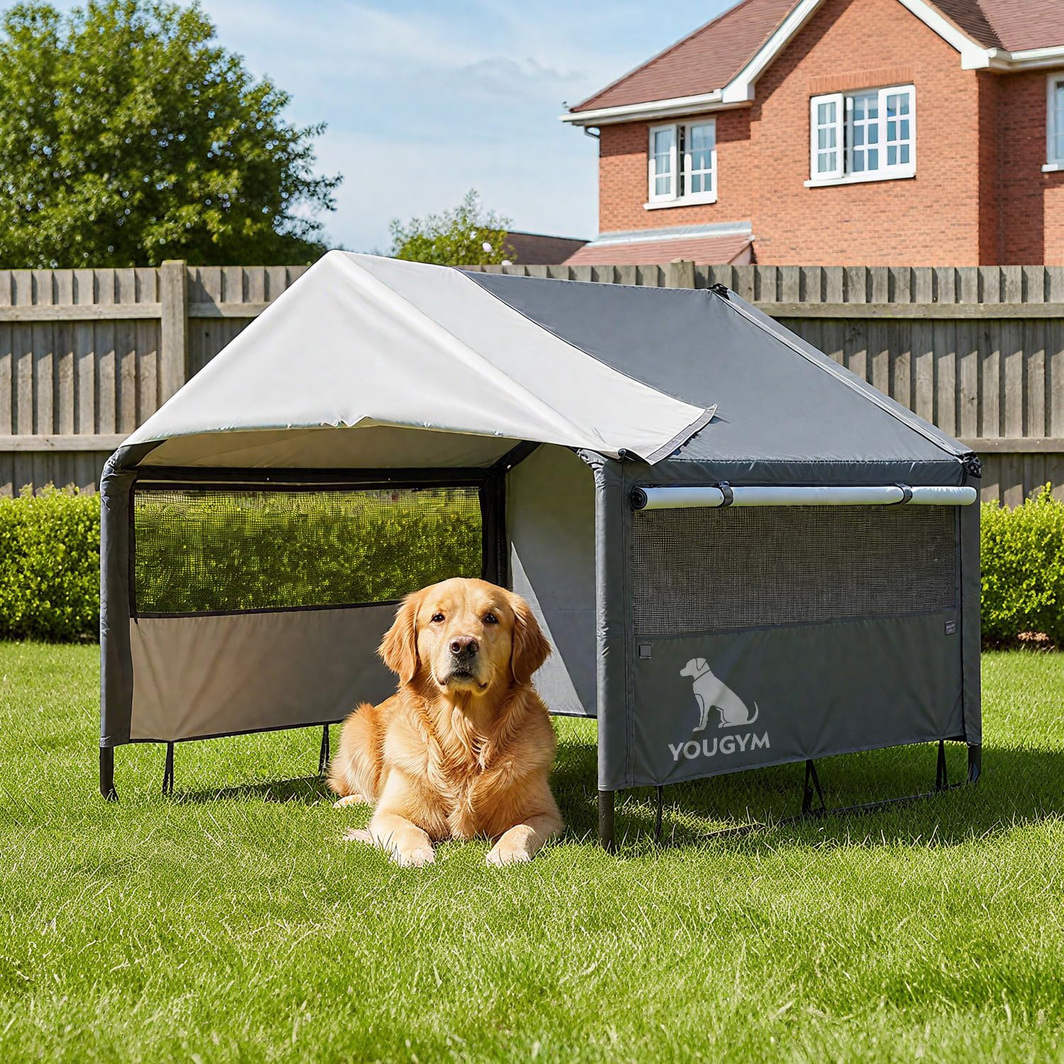 XL Outdoor Dog House for Large Dogs with Mesh Windows, Grey