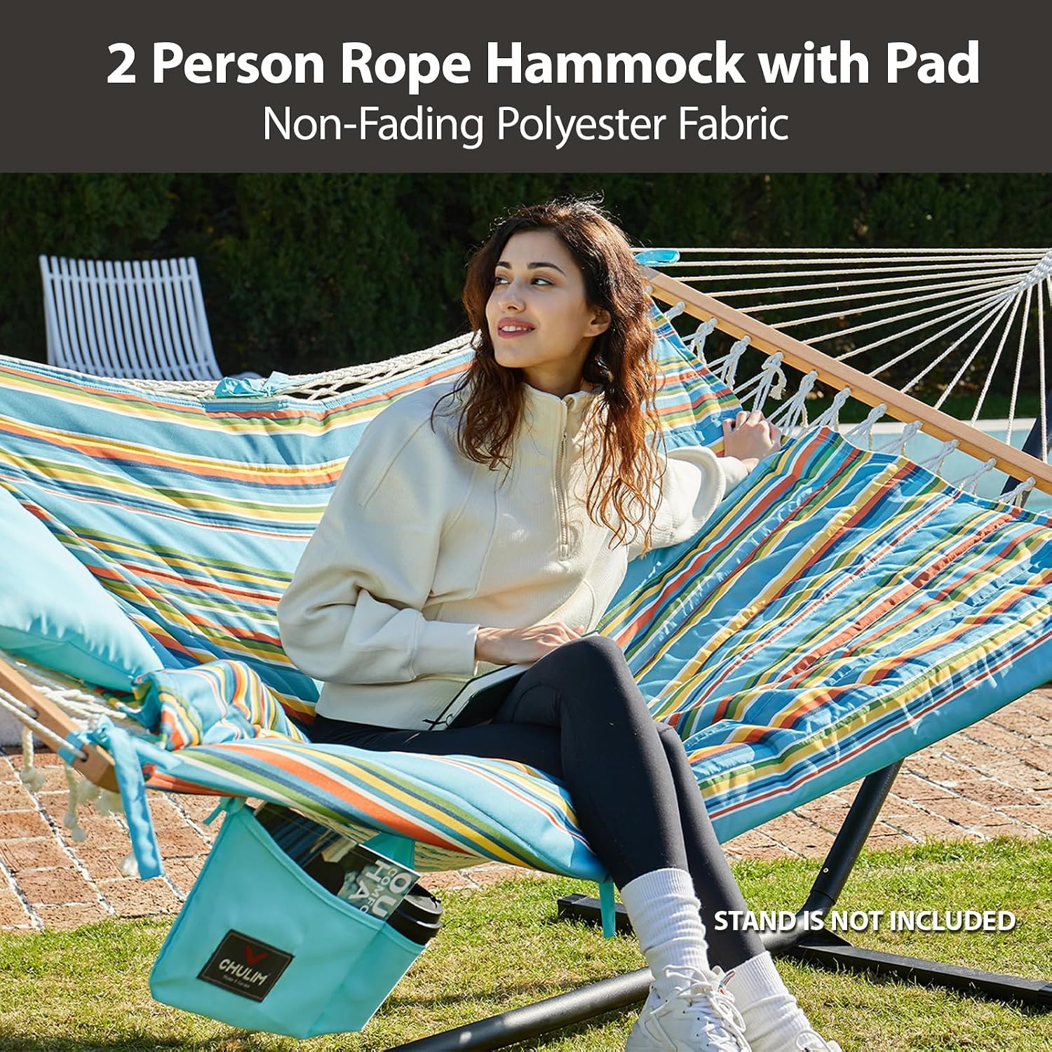 CHULIM Outdoor Double Hammock with Hardwood Spreader Bars, Large Rope Hammock with Polyester Pad and Pillow, 475 LBS Capacity for 2 Person Patio Backyard Poolside - Bule Stripe