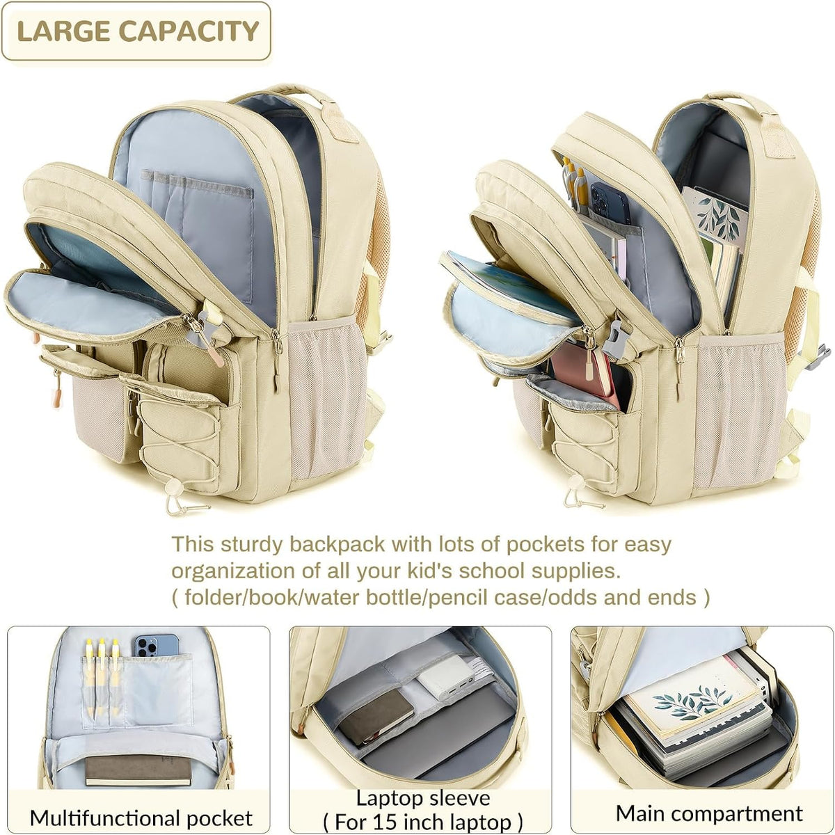 Lohol Water Resistant Backpack with Mulitiple Pockets for School Travel Outdoor College, 15.6 inch Laptop Bookbag for Girls and Women (Beige)