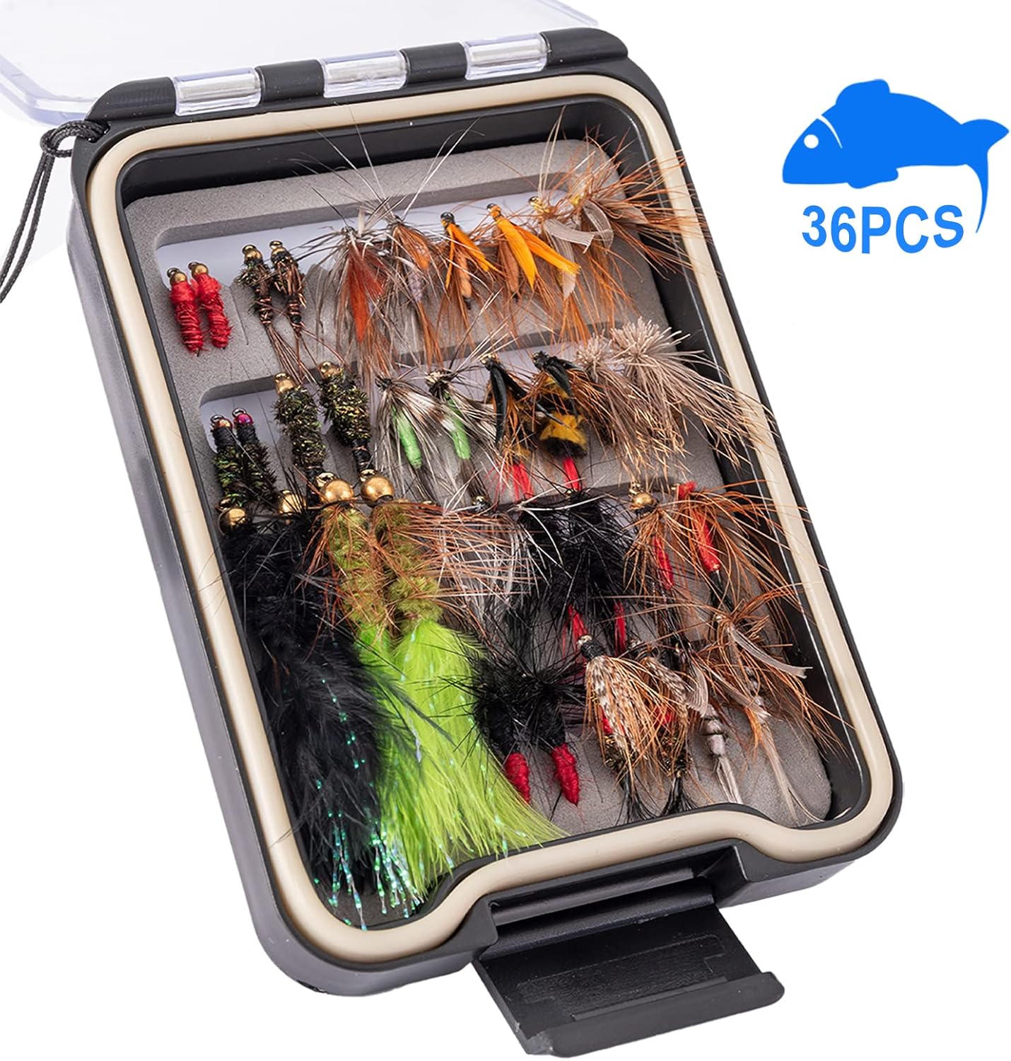 Hand-Tied Fly Fishing Flies Kit, Dry Wet Flies Nymphs Streamers Assortment for Trout & Bass with Waterproof Fly Box