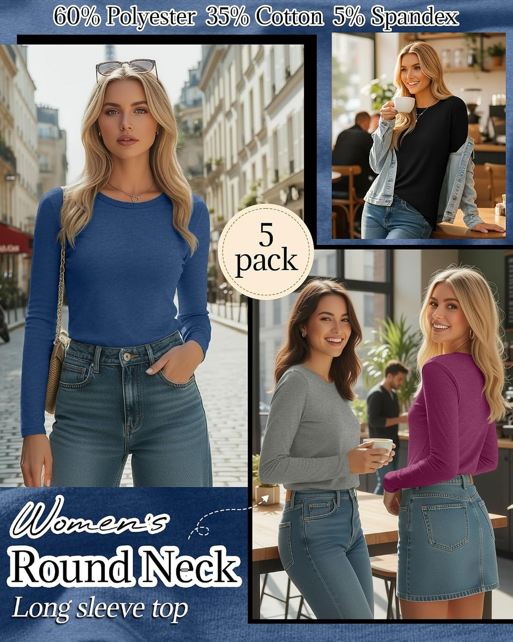 Huukeay 5 Pack Women's Crew Neck Long Sleeve Shirts