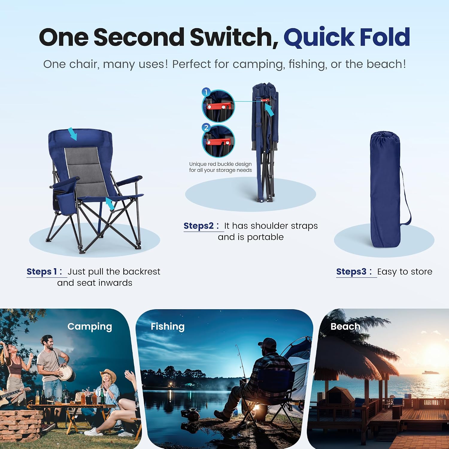 High Back Oversized Camping Chairs for Adults Support 500LBS Blue